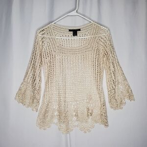 Bette Sung Crochet Top Medium Flare Sleeve Granny Square Sheer Cottagecore Y2K